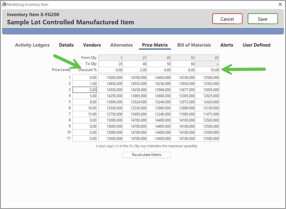 Quantity break discount fields at the top of the Price Matrix window