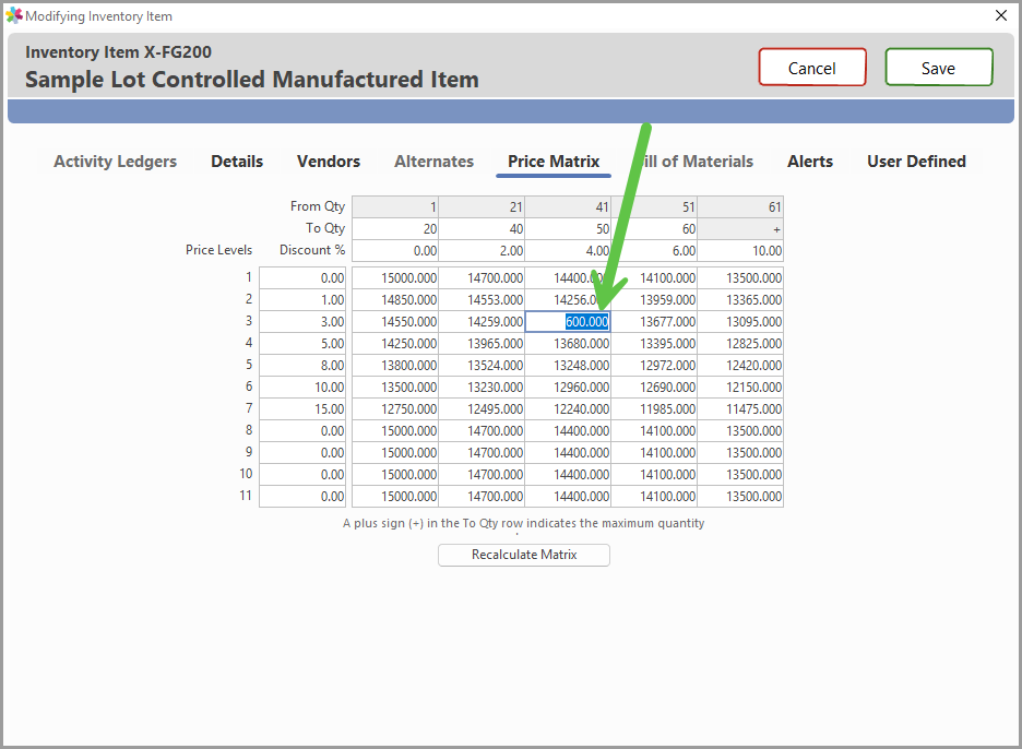 Example of a price entered manually without recalculation