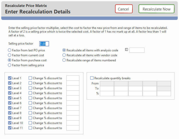 Price Matrix Recalculation window