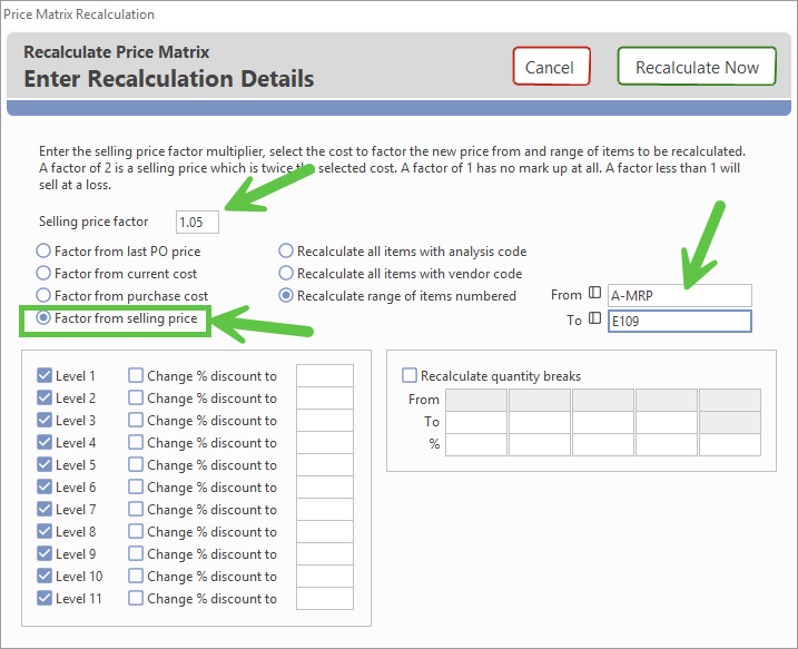 Sample recalculation screen showing a 5% selling price increase