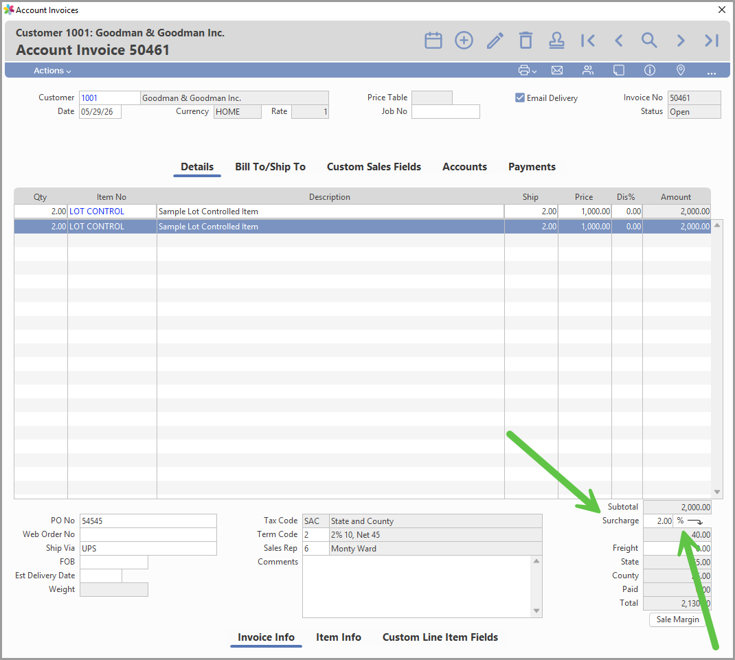 A 2% surcharge itemized on a Connected account invoice, calculated on the subtotal and broken out separately from freight and tax