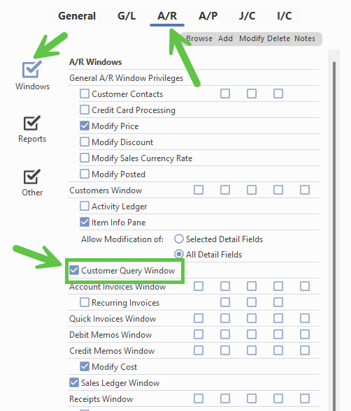 User Privileges settings screen showing the access checkbox for the Customer Query window