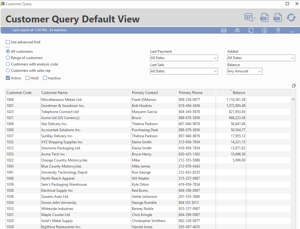 Customer Query default view listing all customers sorted by current balance owing