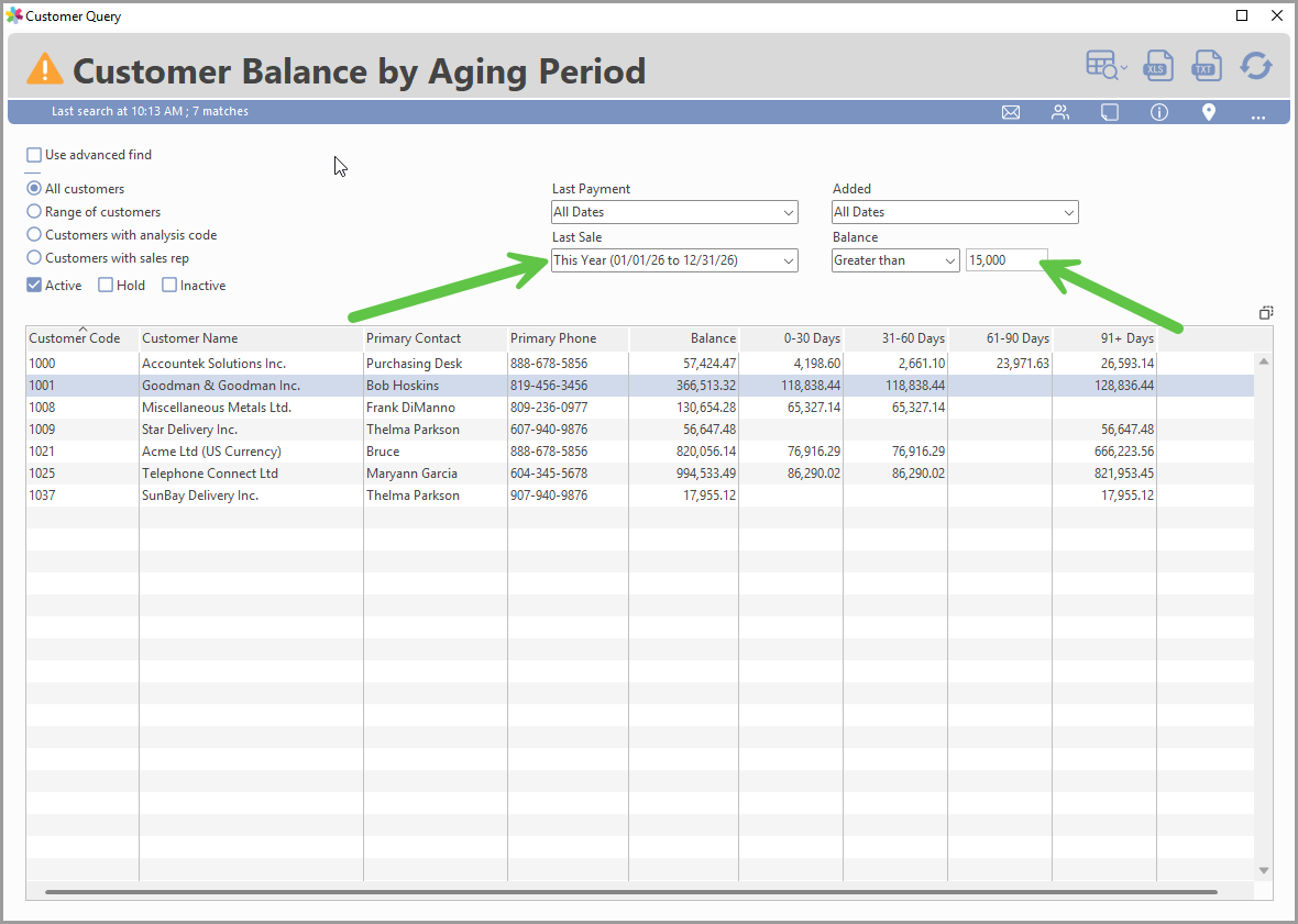 Quick lookup query for Active customers with balance greater than $5,000 and last sale date This Year