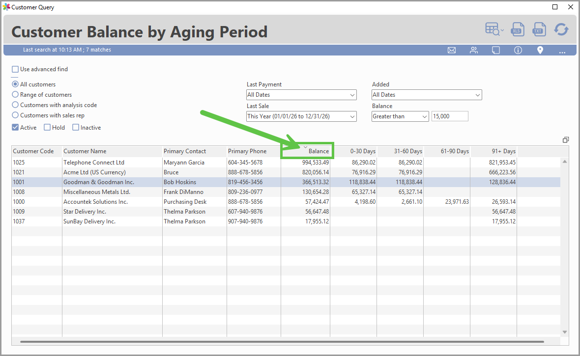 Customer Query results sorted by Balance column, highest to lowest
