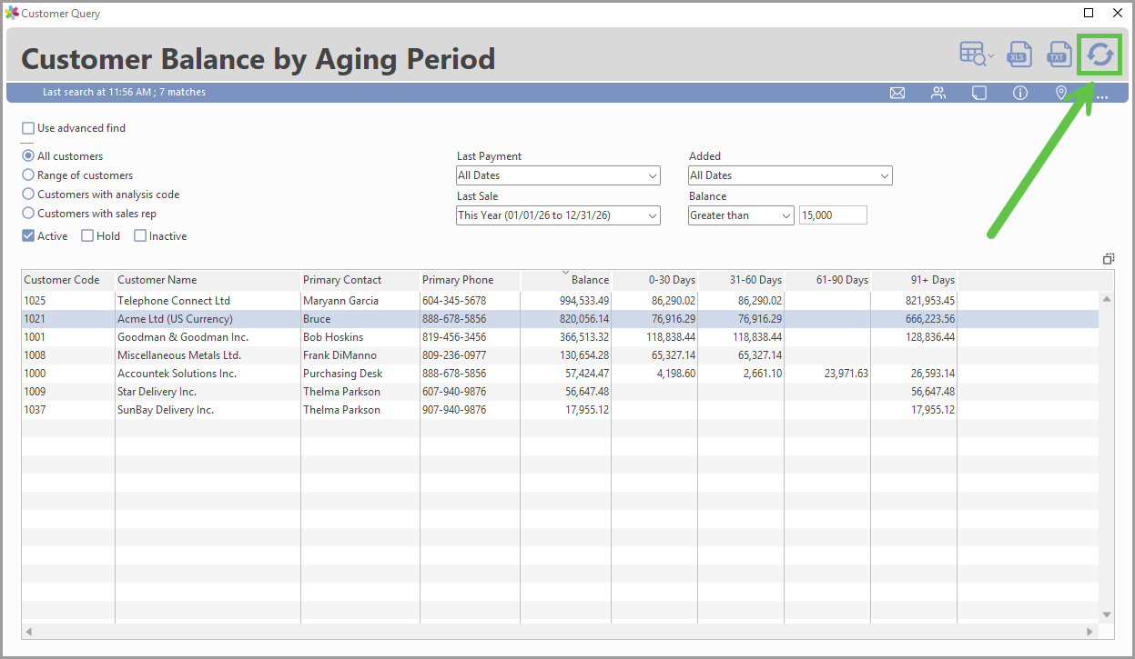 Refresh button on the Customer Query toolbar