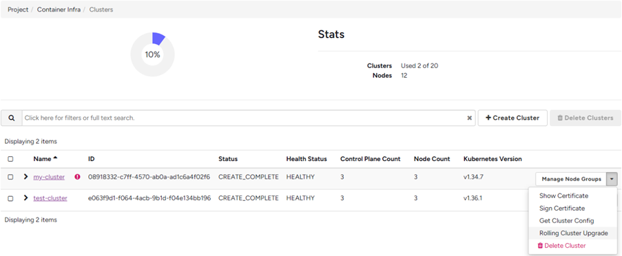 Cluster actions menu on the Nectar Dashboard with Rolling Cluster Upgrade highlighted.