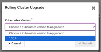 Rolling Cluster Upgrade window showing the Kubernetes version selection.