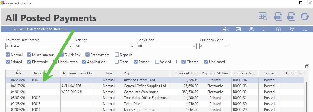 Payments window showing a list of vendor payments to select for voiding