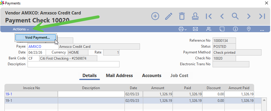 Action menu on the Payments window with the Void Payment option