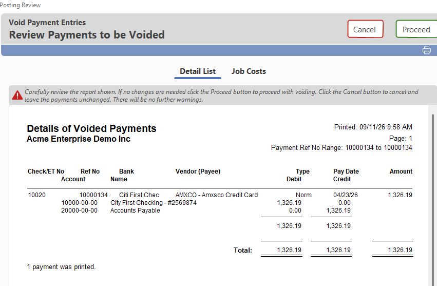 Void Payments posting window shown after confirming the void