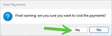 Confirmation dialog with Yes and No options to complete the void