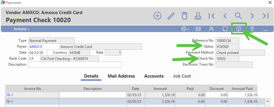 Payment entry showing updated status after the void is completed