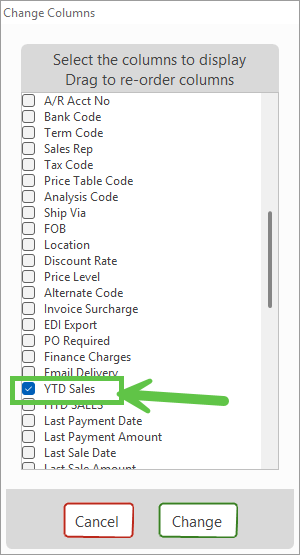 Change Columns dialog with the YTD Sales field checked off in the available column listing