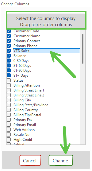 YTD Sales field being dragged into position after the customer phone number column