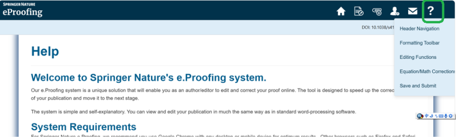 Screenshot of eProofing plafform with the question mark on the upper right side