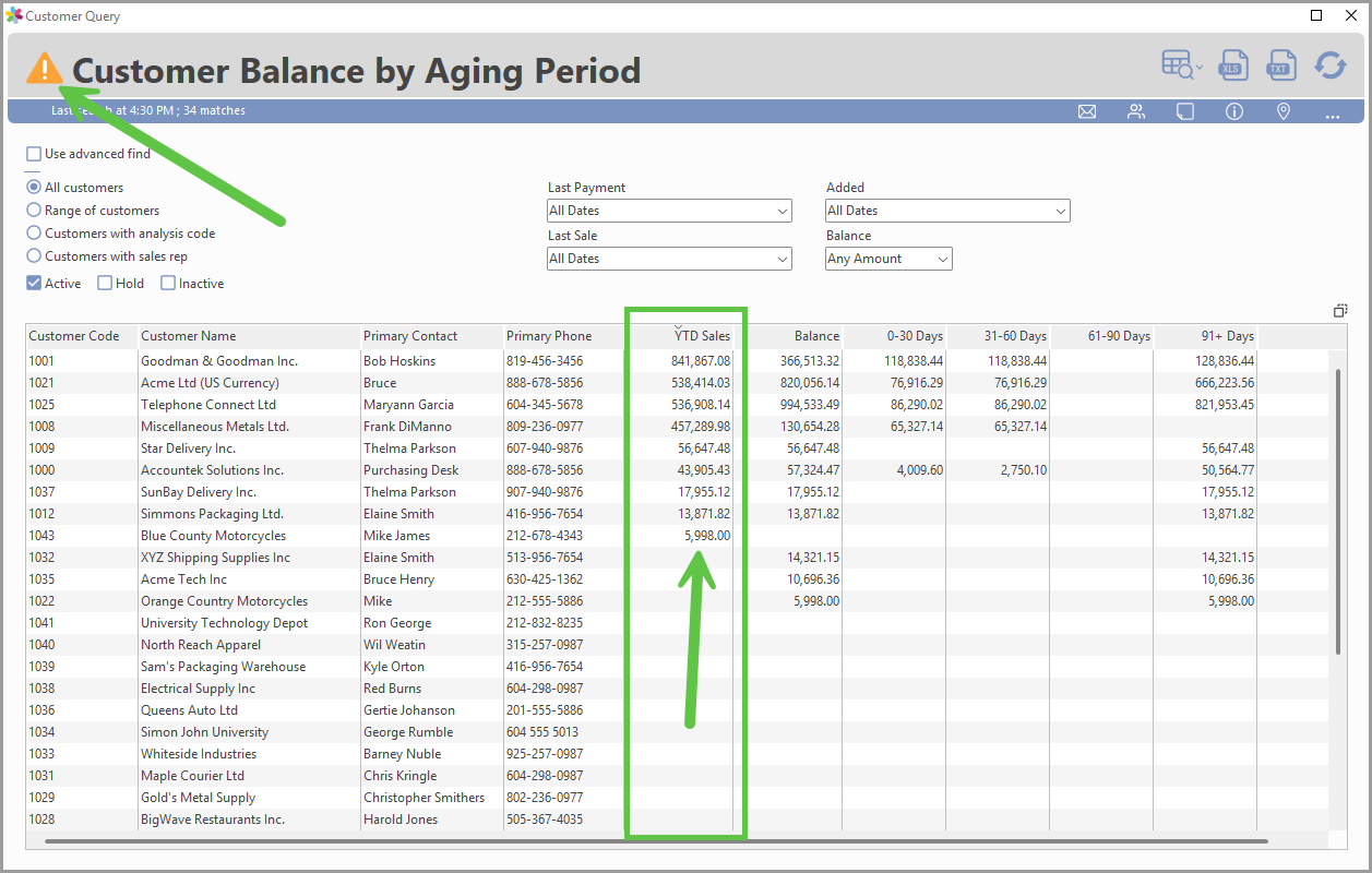 Customer Query window with the new YTD Sales column added after the phone number column