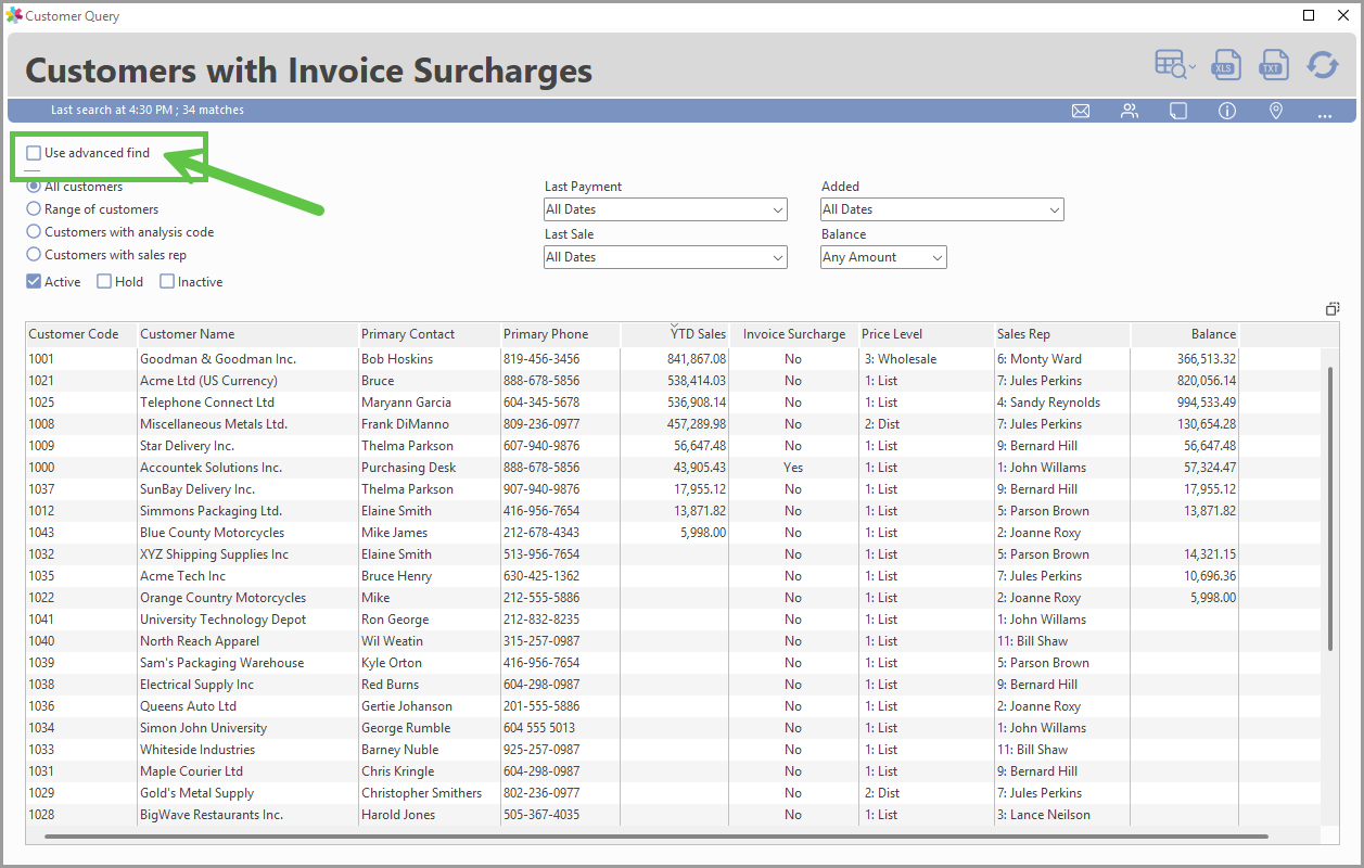 Advanced Find with Invoice Surcharge, YTD Sales, and Price Level fields selected