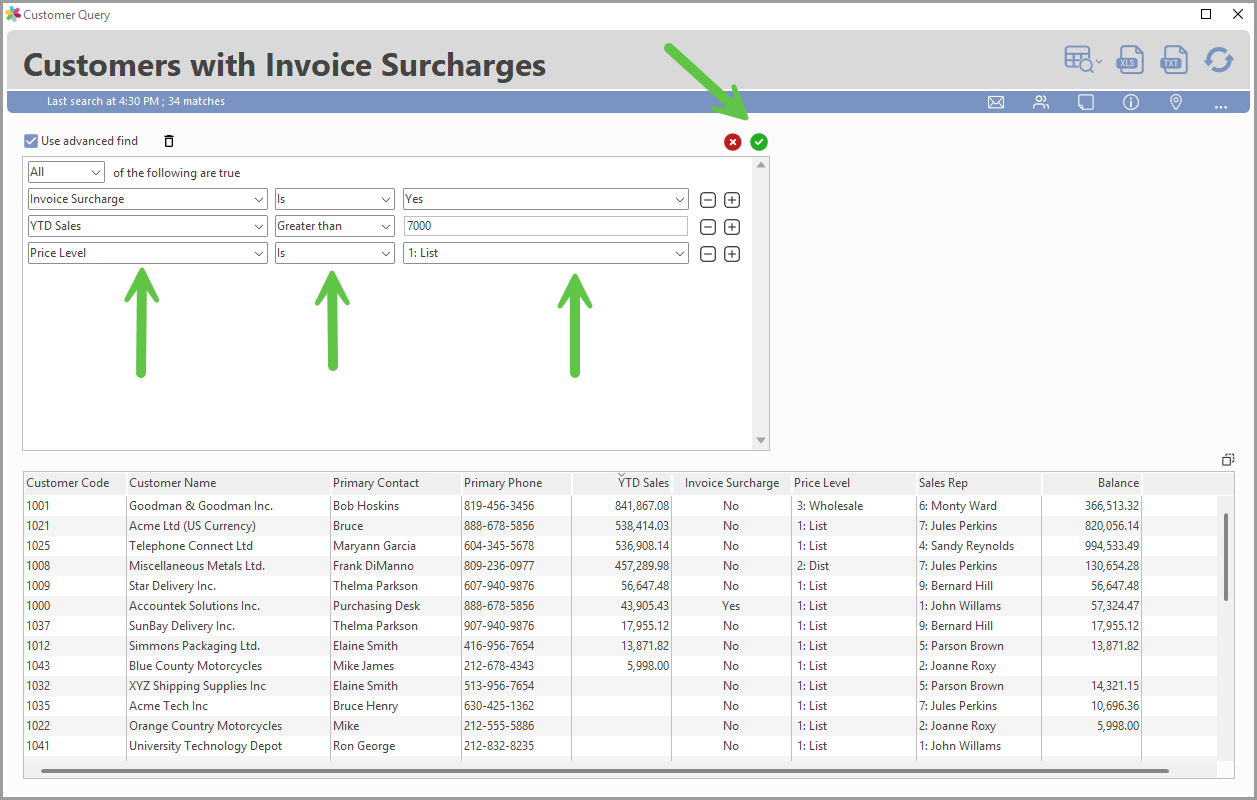 Advanced Find query fields with operators set for Invoice Surcharge, YTD Sales, and Price Level