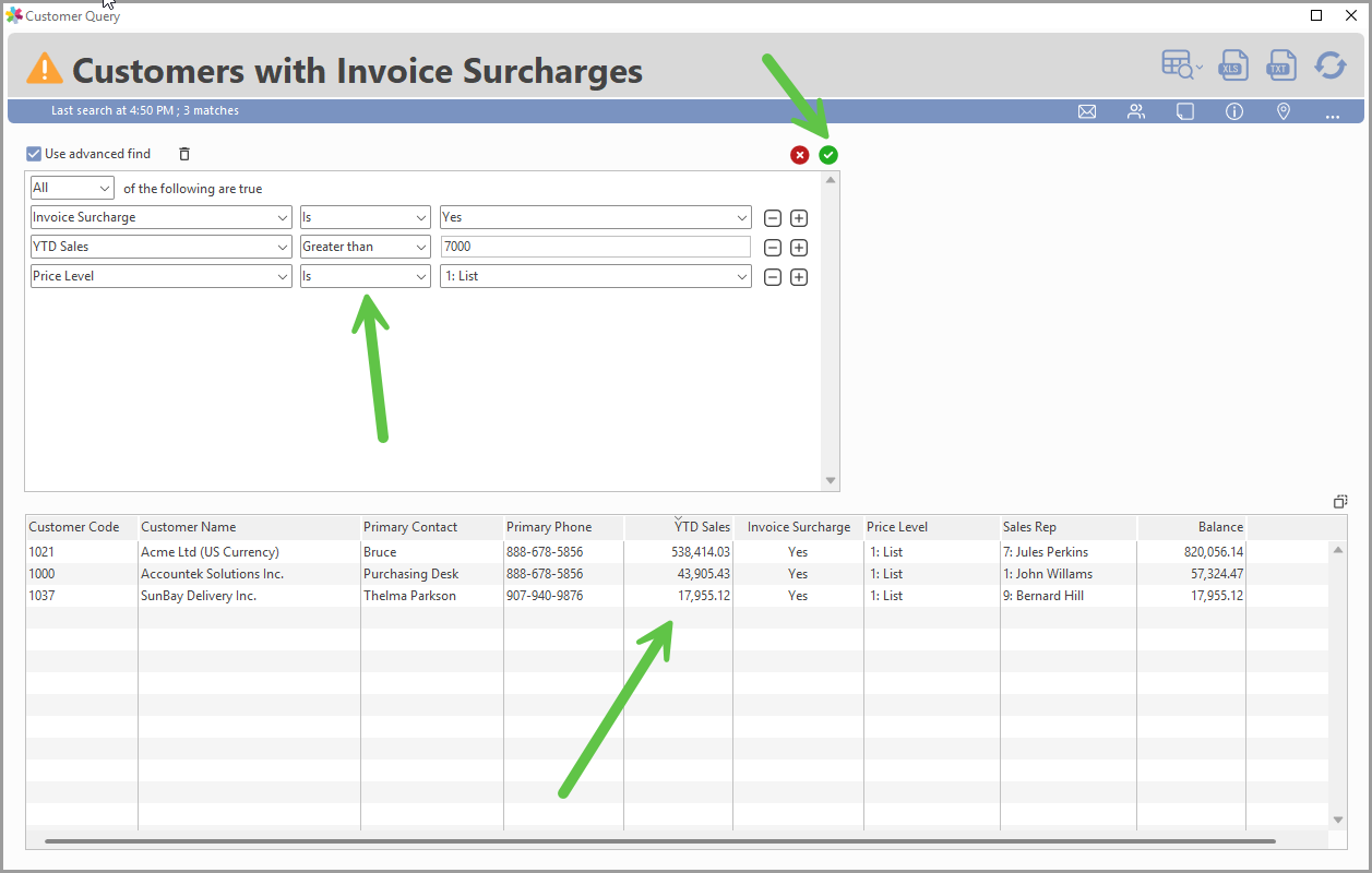 Advanced Find results filtered from 34 customers down to 3 matching customers