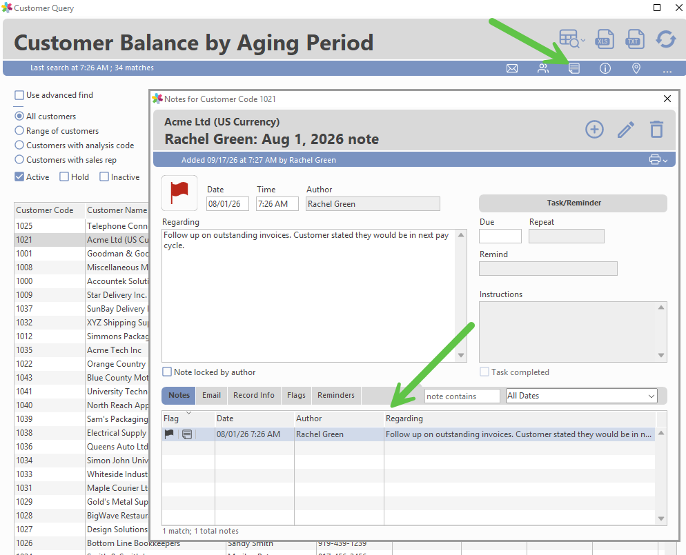 Note popup opened from the Query window without leaving the query