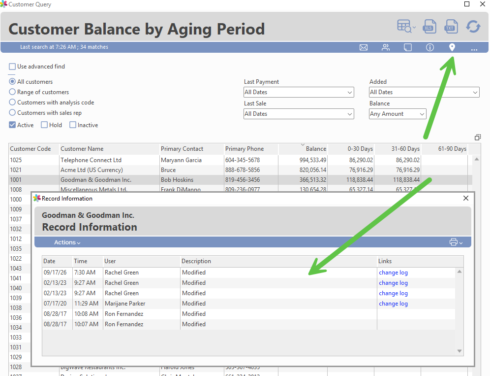Info icon used to view record details for a selected customer in the Query window