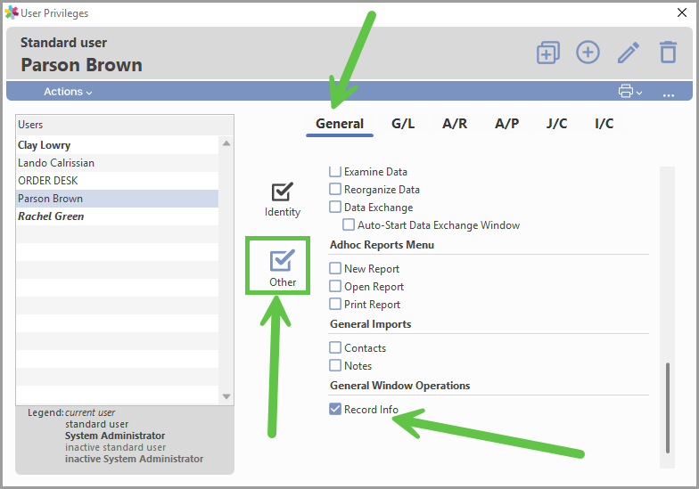 User Privileges window, General tab, showing the Other button