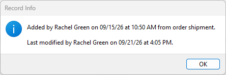 Record Info message showing who added, last modified, and posted the entry