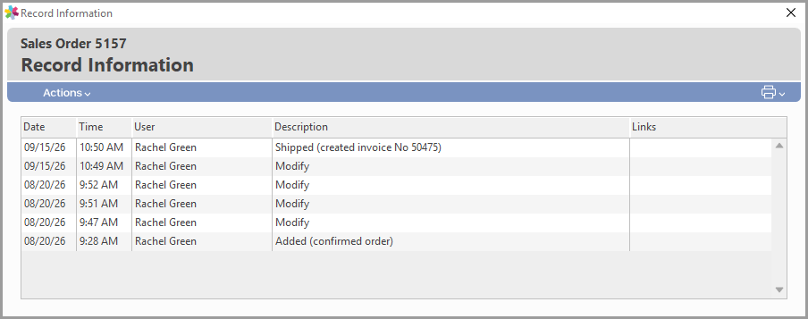 Sample enhanced Record Info for a Sales Order
