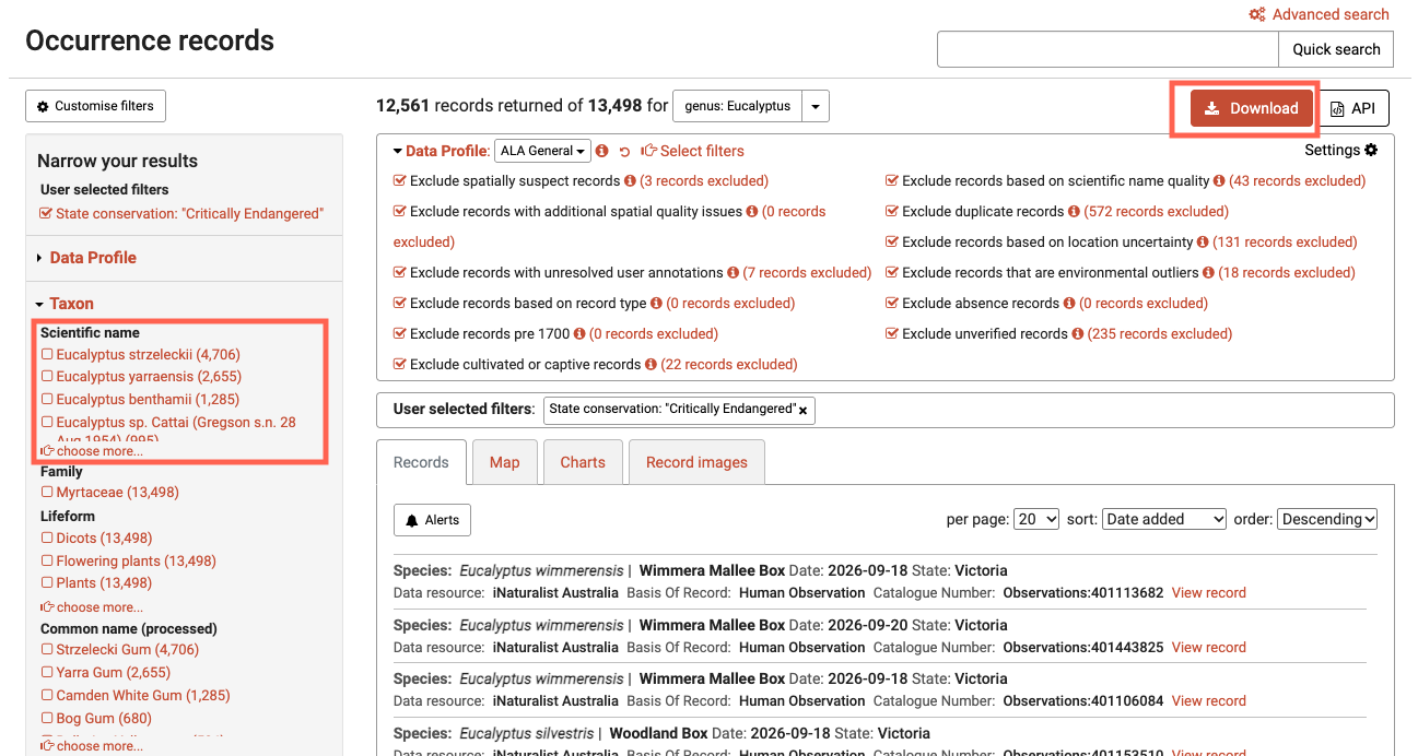the list of records filtered down to about 13 thousand. a list of scientific names are shown under the scientific name filter