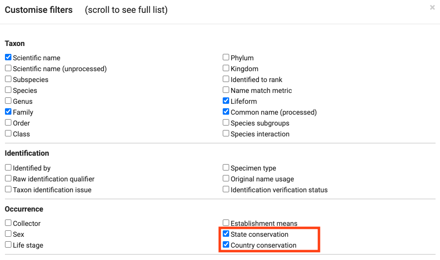 customise filters popup with state and country conservation facets listed under the 'occurrence' heading