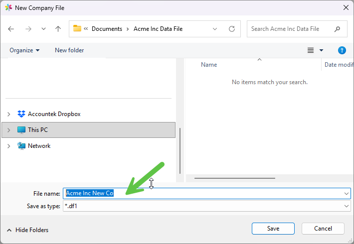 New Company File window on Windows 11