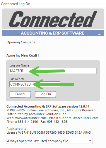 Connected Log On window