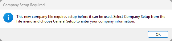 Message shown after successfully logging in to the new company data file