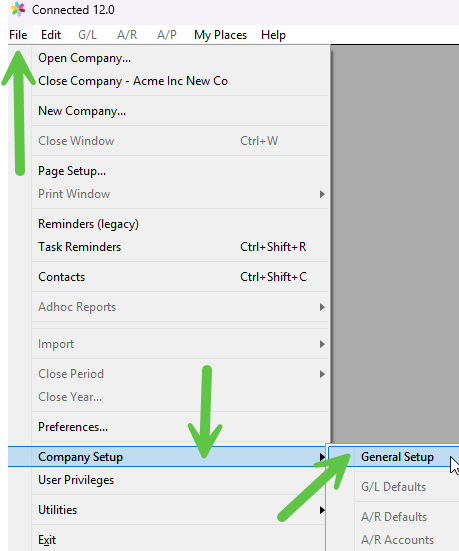 File menu path to Company Setup, General Setup