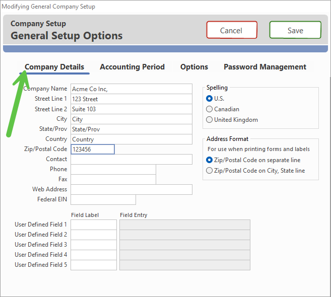 Company Setup window, Company Details tab