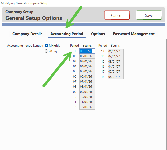 Company Setup window, Accounting Periods tab