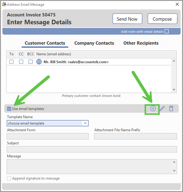 Use Email Template checkbox and green add symbol