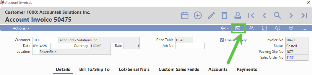 Mail Icon on the Account Invoice window