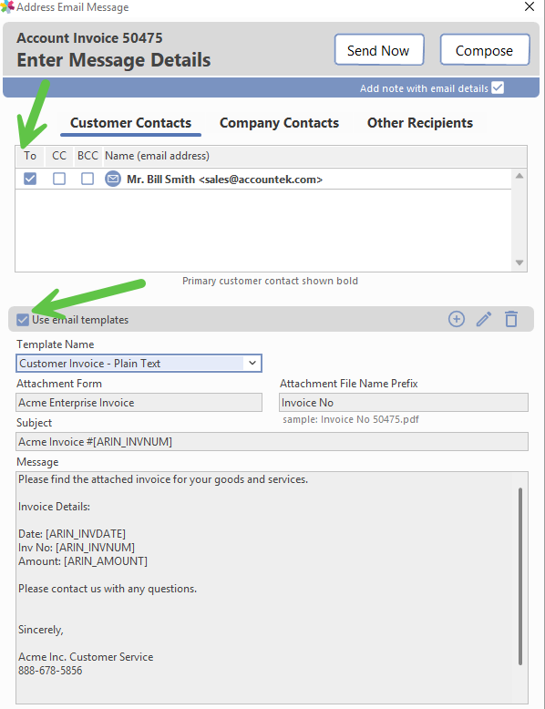 Customer Contacts, Company Contacts, and Other Recipients options