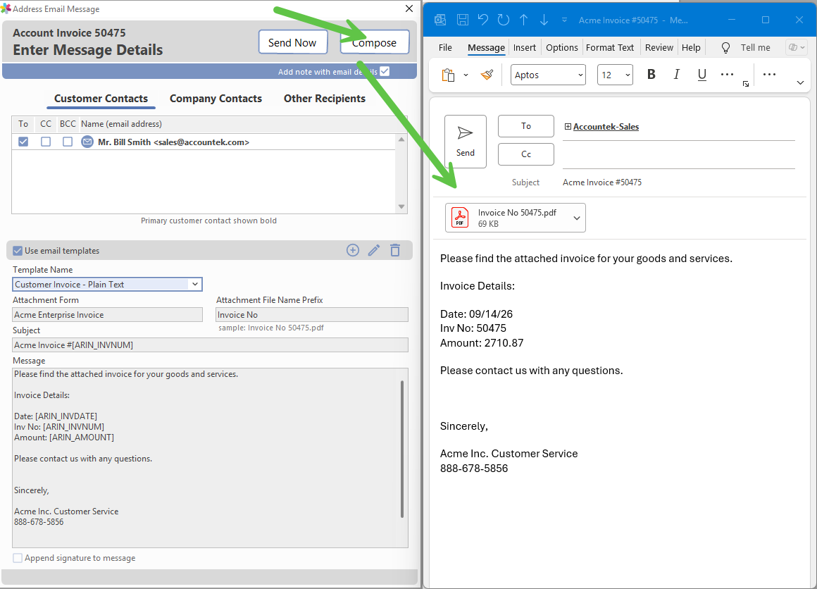 Send Now and Compose options on the Address Email Message window