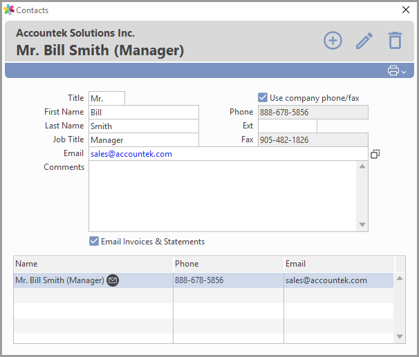 Contacts window showing all contacts for a customer