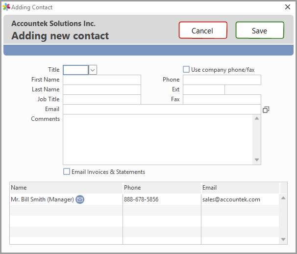 New contact entry screen