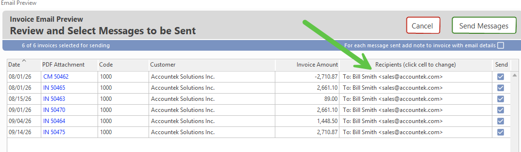 Completed contact information fields, including phone, fax, and Email Invoices & Statements checkbox