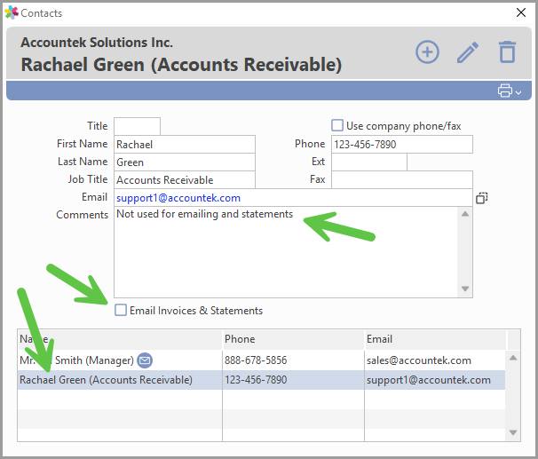 Saved contact listed in the bottom portion of the Contacts window