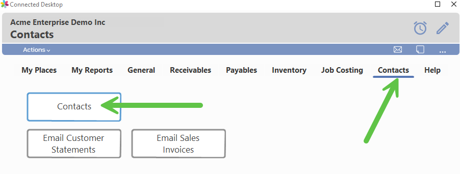 Contacts window listing customer and vendor contacts