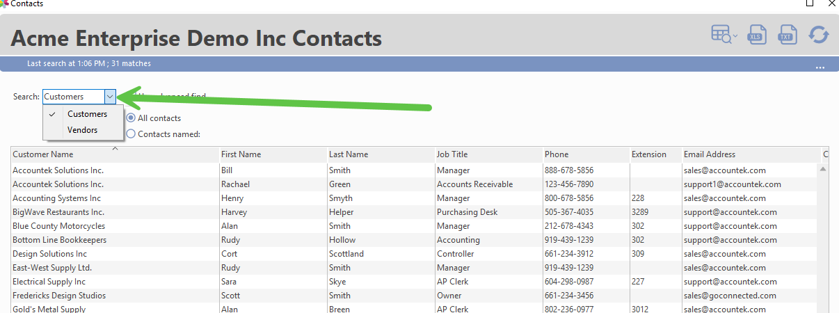 Contacts window with customizable columns
