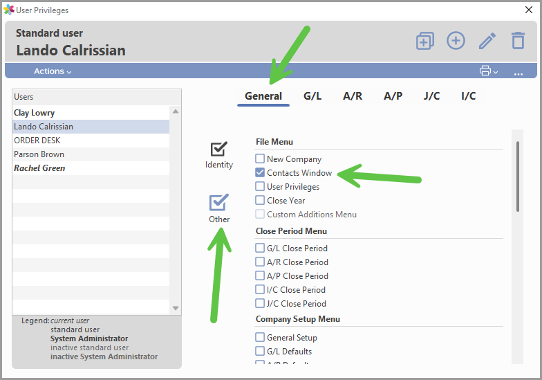 Contacts privilege setting on the General tab of the User Privileges window