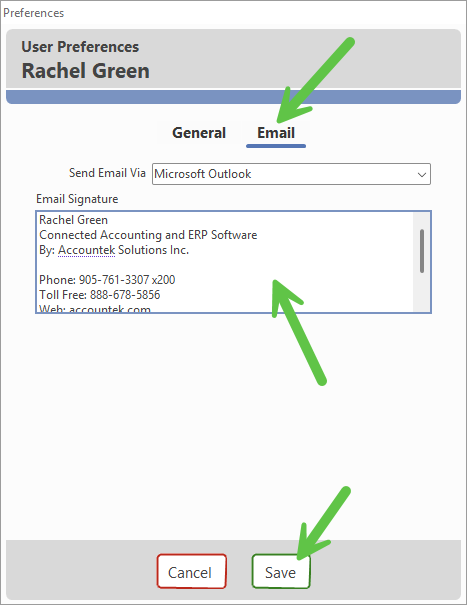 Email signature information entry screen