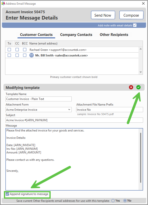 Append signature to message checkbox on the Address Email Message window